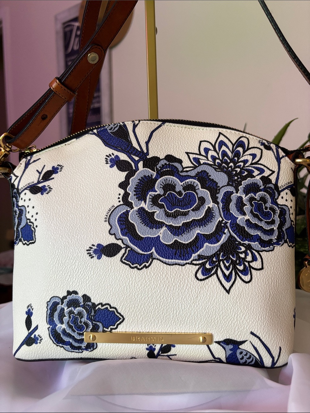 Brahmin White Crossbody with Blue Floral Print and Brown Strap